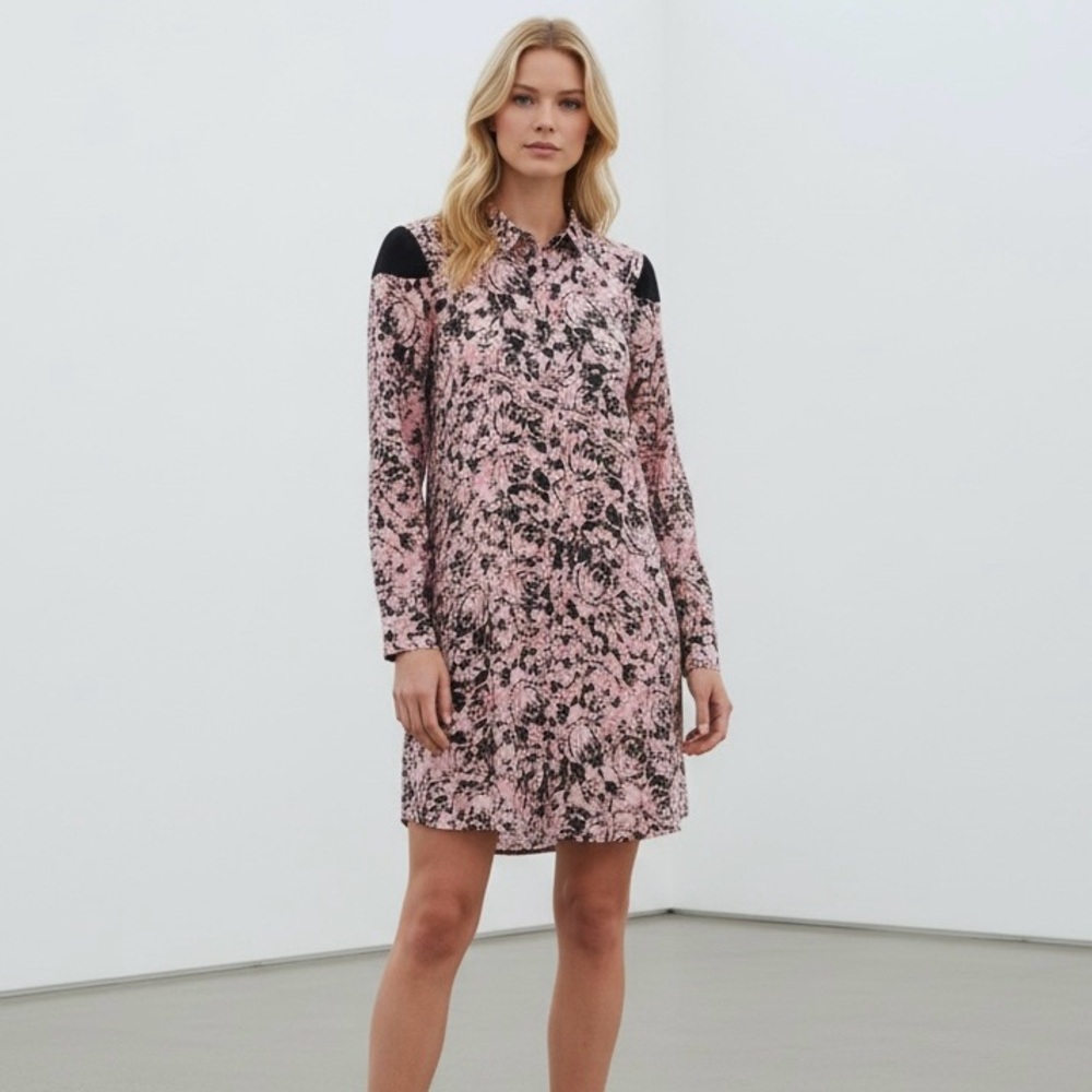 BCBGeneration Floral Print Button Down Pink and Black Midi Shirt Dress
